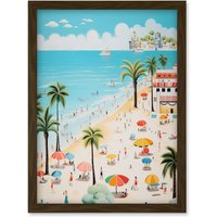 Artery8 Wall Art Print Day at the Beach Summer Holidays Stylised Artwork Pastel Colour Vacation Tourists Coastal Landscape Artwork Framed A4 in Brown