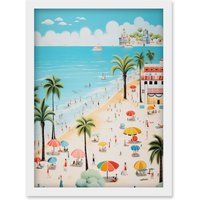Artery8 Wall Art Print Day at the Beach Summer Holidays Stylised Artwork Pastel Colour Vacation Tourists Coastal Landscape Artwork Framed A4 in White