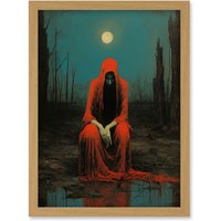 Artery8 Wall Art Print Charon in Red Cloak Beksinski Inspired Conceptual Artwork Full Moon Barren Landscape Artwork Framed A4 in Light Oak