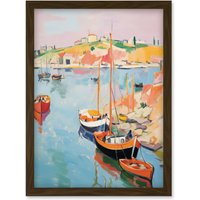 Artery8 Wall Art Print Boats in Harbour Fishing Village Coastal Landscape Colourful Abstract Watercolour Painting Artwork Framed A4 in Brown