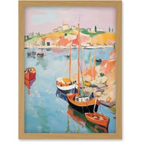 Artery8 Wall Art Print Boats in Harbour Fishing Village Coastal Landscape Colourful Abstract Watercolour Painting Artwork Framed A4 in Light Oak