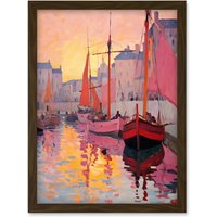 Artery8 Wall Art Print Sailboats Reflecting in Harbour Water Pink Orange Sunset Oil Painting Anchoring by Promenade Artwork Framed A4 in Brown