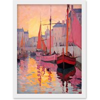 Artery8 Wall Art Print Sailboats Reflecting in Harbour Water Pink Orange Sunset Oil Painting Anchoring by Promenade Artwork Framed A4 in White