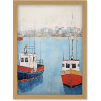 Artery8 Wall Art Print Trailer Trawler Boats in Harbour Oil Painting Red Blue Abstract Coastal Town Bathroom Artwork Framed A4 in Light Oak