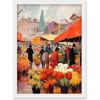 Artery8 Wall Art Print Busy Flower Market Warm Amber Orange Yellow Oil Painting Artwork Framed A4 in White