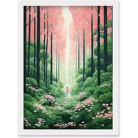 Artery8 Wall Art Print Mount Yoshino Cherry Blossom Tree Forest Bright Artwork Baby Pink Green Walk in Nature Trail Artwork Framed A4 in White