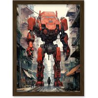Artery8 Wall Art Print Red Mecha Robot in City Street Anime Sci-Fi Artwork Giant Humanoid Machine Fantasy Science Fiction Artwork Framed A4 in Brown
