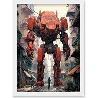 Artery8 Wall Art Print Red Mecha Robot in City Street Anime Sci-Fi Artwork Giant Humanoid Machine Fantasy Science Fiction Artwork Framed A4 in White