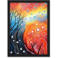 Artery8 Wall Art Print Contemporary Aboriginal Artwork in Blue & Orange Vibrant Abstract Forest Trees & Stars Artwork Framed A4 in Black