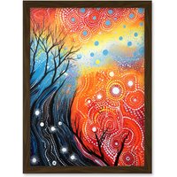 Artery8 Wall Art Print Contemporary Aboriginal Artwork in Blue & Orange Vibrant Abstract Forest Trees & Stars Artwork Framed A4 in Brown