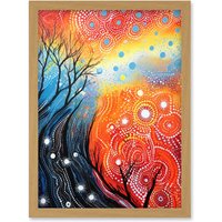 Artery8 Wall Art Print Contemporary Aboriginal Artwork in Blue & Orange Vibrant Abstract Forest Trees & Stars Artwork Framed A4 in Light Oak