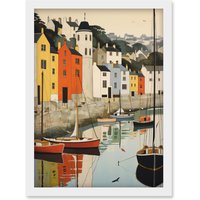 Artery8 Wall Art Print Dartmouth Harbour Boats Watercolour Painting Devon Scenic River Dart Townscape Artwork Framed A4 in White