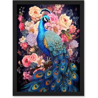 Artery8 Wall Art Print Elegant Peacock Bird with Rose Flower Blooms Vibrant Floral Blue Pink Orange Artwork Framed A4 in Black