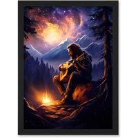Artery8 Wall Art Print Playing Guitar By A Campfire Oil Painting Purple Orange Storm Brewing in Mountain Forest Landscape Artwork Framed A4 in Black