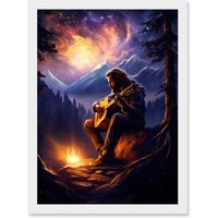 Artery8 Wall Art Print Playing Guitar By A Campfire Oil Painting Purple Orange Storm Brewing in Mountain Forest Landscape Artwork Framed A4 in White