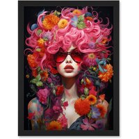 Artery8 Wall Art Print Flowerpunk Woman with Pink Hair & Flowers Vibrant Artwork Orange Pink Blue on Black High Detail Portrait Artwork Framed A4
