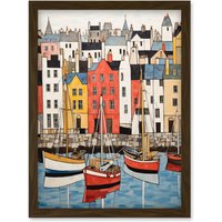 Artery8 Wall Art Print Colourful Town Harbour Acrylic Painting Red Yellow Blue Fishing Boats Coastal Townscape Artwork Framed A4 in Brown