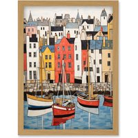 Artery8 Wall Art Print Colourful Town Harbour Acrylic Painting Red Yellow Blue Fishing Boats Coastal Townscape Artwork Framed A4 in Light Oak