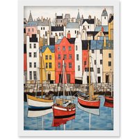 Artery8 Wall Art Print Colourful Town Harbour Acrylic Painting Red Yellow Blue Fishing Boats Coastal Townscape Artwork Framed A4 in White