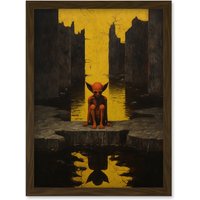 Artery8 Wall Art Print Nosferatu Lair Conceptual Art Oil Painting Yellow Sky Castle Ruins Red Demon Water Reflection Artwork Framed A4 in Brown