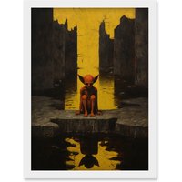 Artery8 Wall Art Print Nosferatu Lair Conceptual Art Oil Painting Yellow Sky Castle Ruins Red Demon Water Reflection Artwork Framed A4 in White