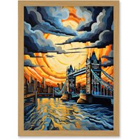 Artery8 Wall Art Print London Tower Bridge Dramatic Sunset Vibrant Artwork Blue Orange River Thames England Cloudy Sky Artwork Framed A4 in Light Oak