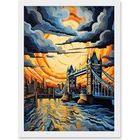 Artery8 Wall Art Print London Tower Bridge Dramatic Sunset Vibrant Artwork Blue Orange River Thames England Cloudy Sky Artwork Framed A4 in White