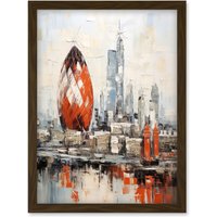 Artery8 Wall Art Print London Skyline Abstract Oil Painting Thick Paint Red Gherkin Building River Thames England City Artwork Framed A4 in Brown