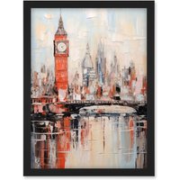 Artery8 Wall Art Print London Skyline Abstract Oil Painting Thick Paint Red Big Ben River Thames Westminster Bridge England City Artwork Framed A4