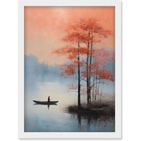 Artery8 Wall Art Print Canoe Boat on Misty Lake Oil Painting Landscape Blue Pink Blossom Tree Early Morning Artwork Framed A4 in White