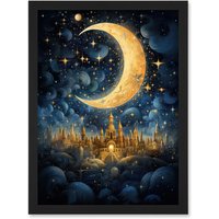 Artery8 Wall Art Print Golden City in the Clouds Surreal Artwork Blue Gold Crescent Moon Starry Night Fairytale Artwork Framed A4 in Black