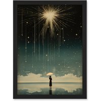 Artery8 Wall Art Print Falling Star Rain Dreamy Artwork Bright Star Wish Woman with Umbrella Fairytale Dreamscape Artwork Framed A4 in Black