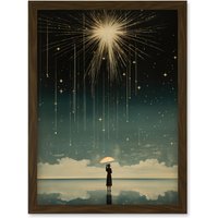 Artery8 Wall Art Print Falling Star Rain Dreamy Artwork Bright Star Wish Woman with Umbrella Fairytale Dreamscape Artwork Framed A4 in Brown