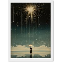 Artery8 Wall Art Print Falling Star Rain Dreamy Artwork Bright Star Wish Woman with Umbrella Fairytale Dreamscape Artwork Framed A4 in White
