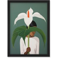 Artery8 Wall Art Print Giant Peace Lily Showcase Realistic Oil Painting White Teal Green Woman with Flower Minimalist Artwork Framed A4 in Black
