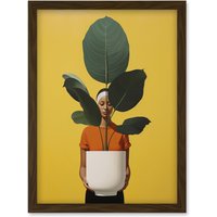Artery8 Wall Art Print Rubber Tree Showcase Realistic Oil Painting Yellow Orange Green Woman with Plant Pot Minimalist Artwork Framed A4 in Brown