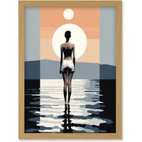 Artery8 Wall Art Print The Sea is Calling Modern Abstract Minimalist Artwork Sun & Moon Artwork Framed A4 in Light Oak