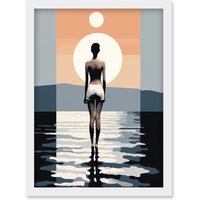 Artery8 Wall Art Print The Sea is Calling Modern Abstract Minimalist Artwork Sun & Moon Artwork Framed A4 in White