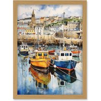 Artery8 Wall Art Print Penzance Harbour Trawler Boats Promenade Watercolour Painting Cornwall Coastal Townscape Artwork Framed A4 in Light Oak