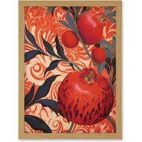 Artery8 Wall Art Print Pomegranate Tree Grove Red & Blue Artwork Floral Patterns Artwork Framed A4 in Light Oak