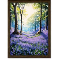 Artery8 Wall Art Print Bluebell Forest Sunshine Vibrant Artwork Purple Blue Flowers Early Morning Serene Landscape Artwork Framed A4 in Brown