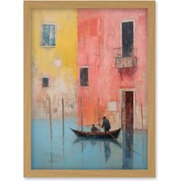 Artery8 Wall Art Print Venice Canal Gondola Ride Oil Painting Blue Pink Yellow Pastel Colour Rower Boat on River Artwork Framed A4 in Light Oak
