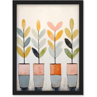 Artery8 Wall Art Print Plant Pots Simple Pastel Colour Oil Painting Bright Pink Green Blue Boho Artwork Framed A4 in Black