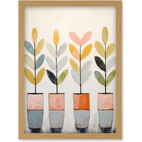 Artery8 Wall Art Print Plant Pots Simple Pastel Colour Oil Painting Bright Pink Green Blue Boho Artwork Framed A4 in Light Oak