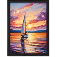 Artery8 Wall Art Print Sunset Sailing Vibrant Oil Painting Orange Purple Blue Bathroom Artwork Sail Boat Seascape Artwork Framed A4 in Black