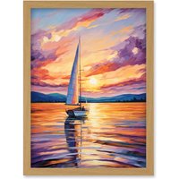 Artery8 Wall Art Print Sunset Sailing Vibrant Oil Painting Orange Purple Blue Bathroom Artwork Sail Boat Seascape Artwork Framed A4 in Light Oak