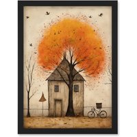 Artery8 Wall Art Print Country House Autumn Tree Oil Painting Orange Brown Bicycle on Fence Rural Life Artwork Framed A4 in Black