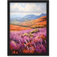 Artery8 Wall Art Print Scottish Heather Fields Oil Painting Purple Orange Blue Scotland Countryside Landscape Artwork Framed A4 in Black