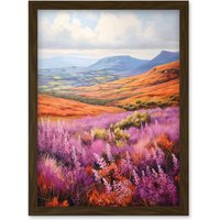 Artery8 Wall Art Print Scottish Heather Fields Oil Painting Purple Orange Blue Scotland Countryside Landscape Artwork Framed A4 in Brown