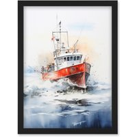 Artery8 Wall Art Print Trawler Fishing Boat Watercolour Painting Red Blue Rough Sea Fishermen Waves Seascape Artwork Framed A4 in Black